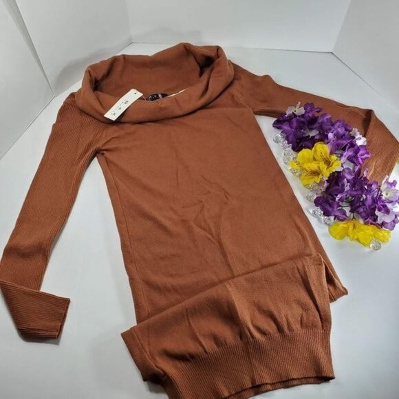 Mak Sweater Shoulder Dress Women Cowl Neck Bodycon Rayon Long Sleeve Rust - Picture 4 of 10